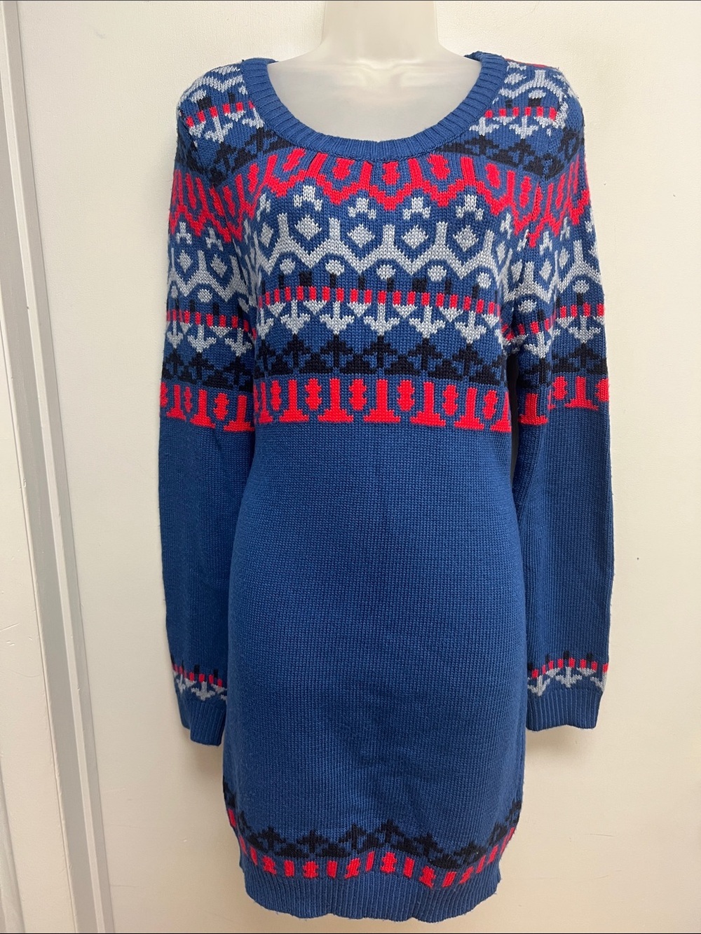 Urban Outfitters Ryder Fair Isle Sweater Dress Blue Red  Nordic Knit Medium NWT